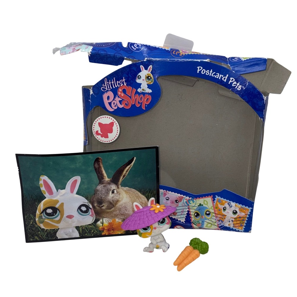 Littlest Pet Shop Postcard Pets Dwarf Bunny 1067 Rabbit Hat Carrots Hasbro Box